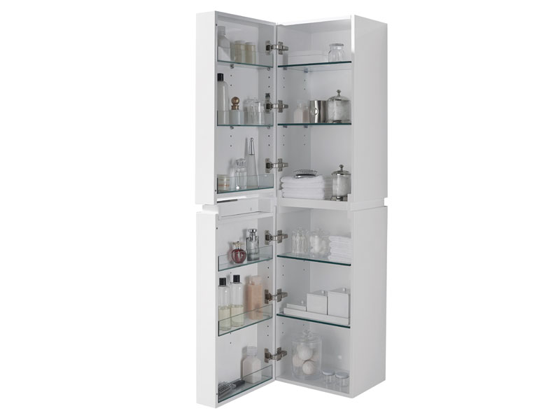 Wall hung linen cabinet in white open showing interior