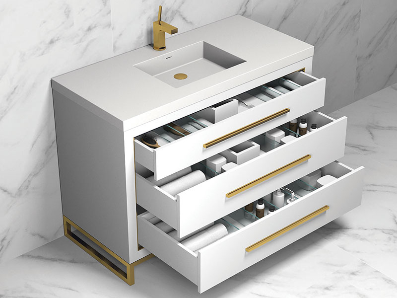 vanity with open drawers