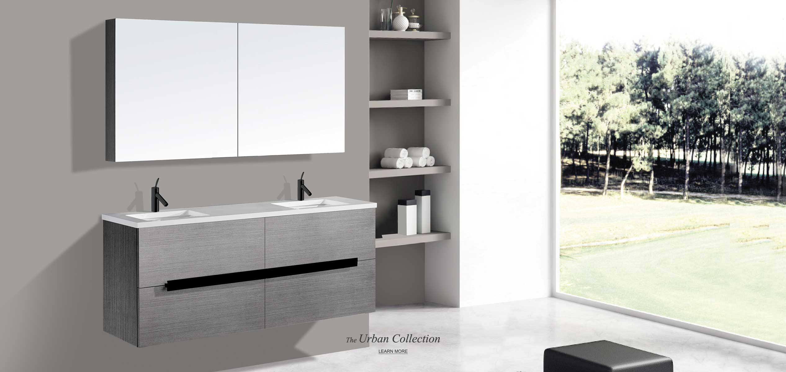 Urban 60 inch double bowl vanity in ash grey finish with medicine cabinet