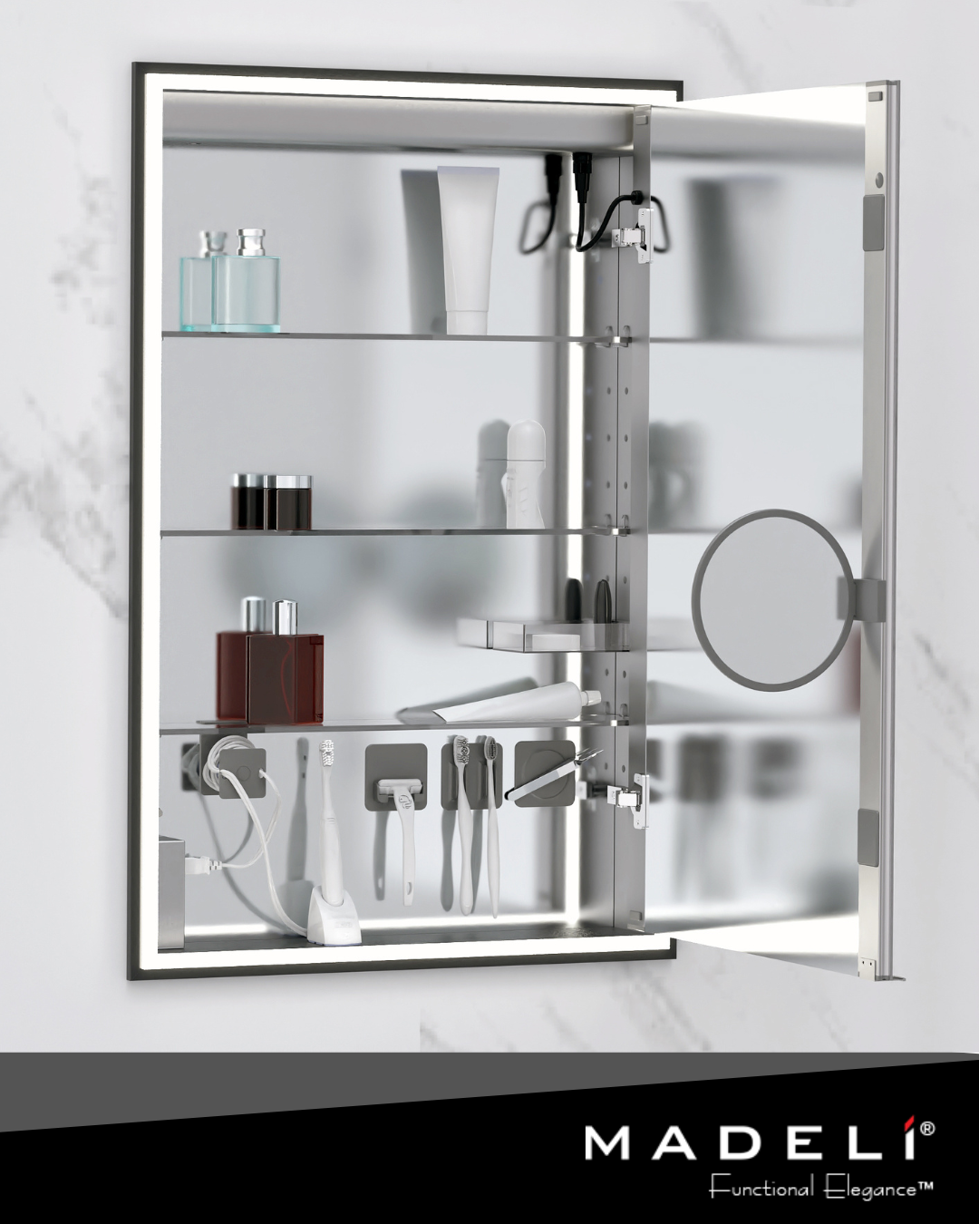 Madeli Lighted Mirrored Cabinet with Adjustable Glass Shelves and Storage Accessories