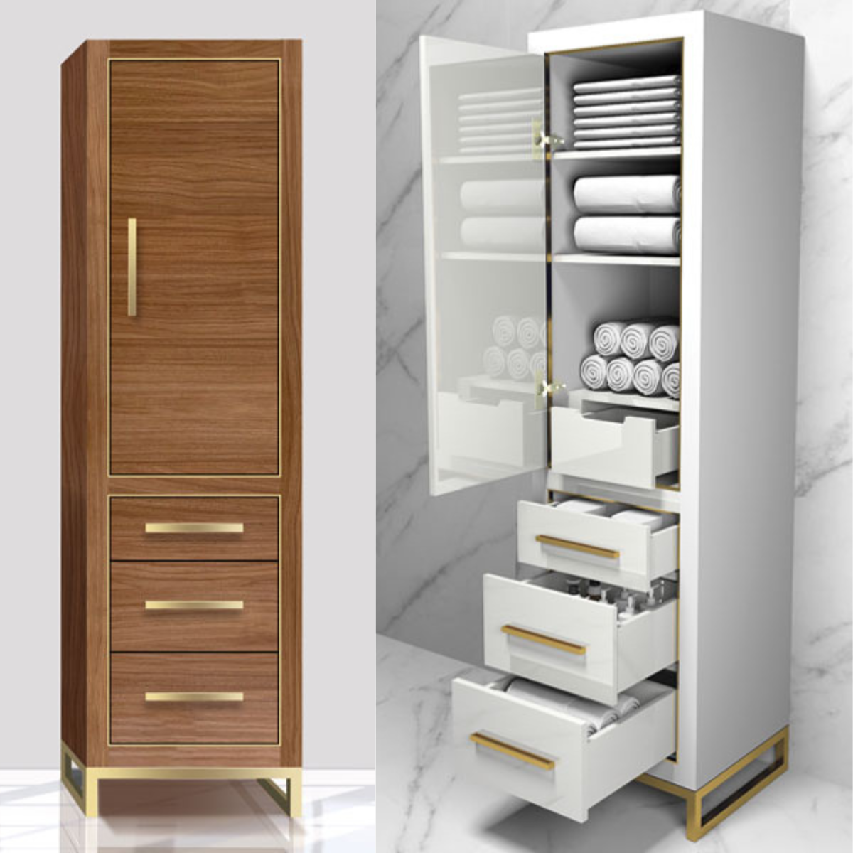 Madeli Linen Cabinets in Natural Walnut and White with Pull-Out Storage Drawers