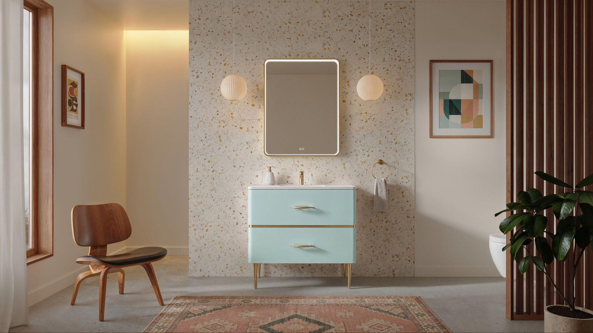 Madeli Perla Vanity in Pastel Green with Rounded Profile and Slique Mirror