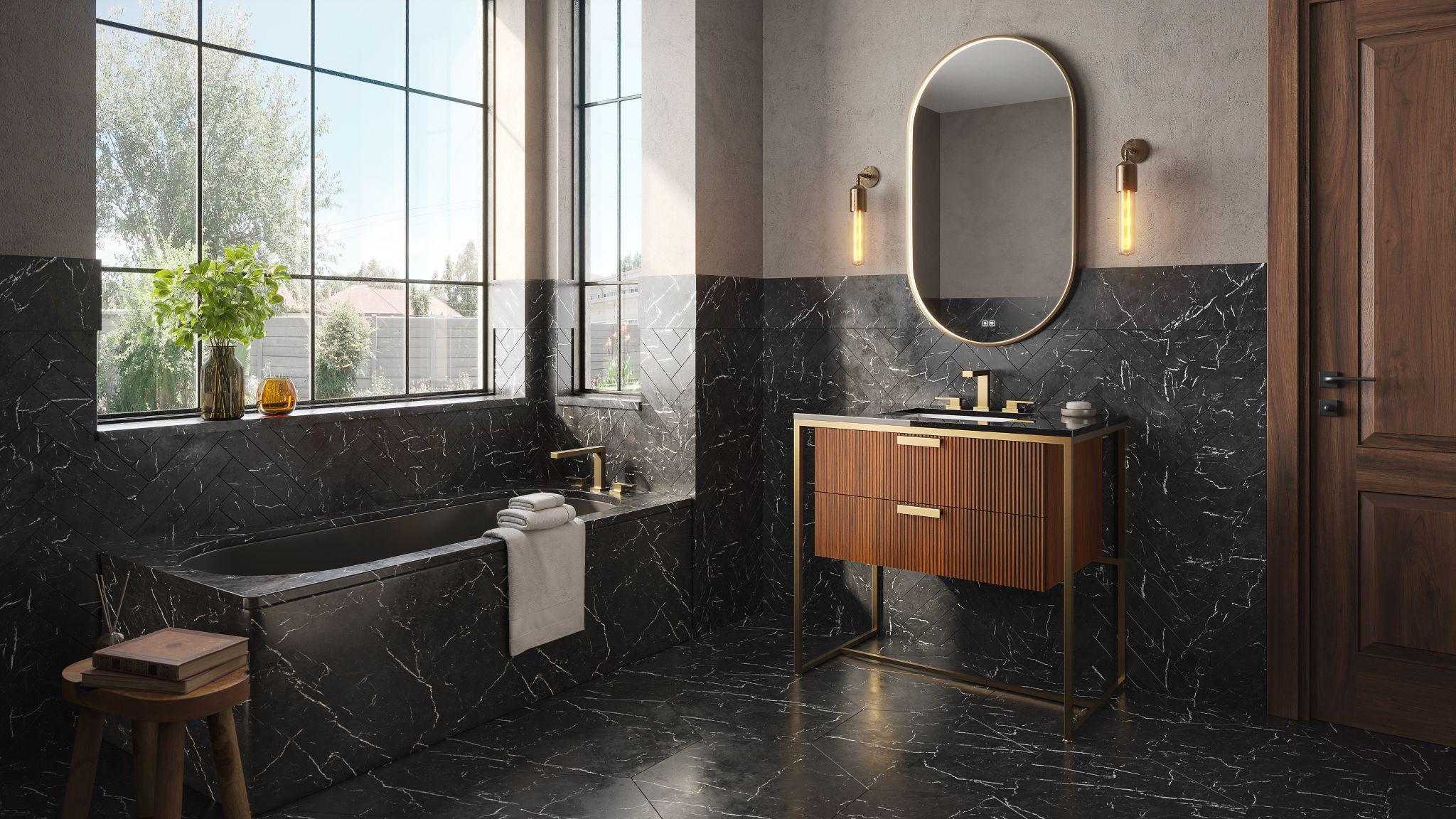 Madeli Trapezio Powder Room Vanity with Geometric Frame and Oval Mirror