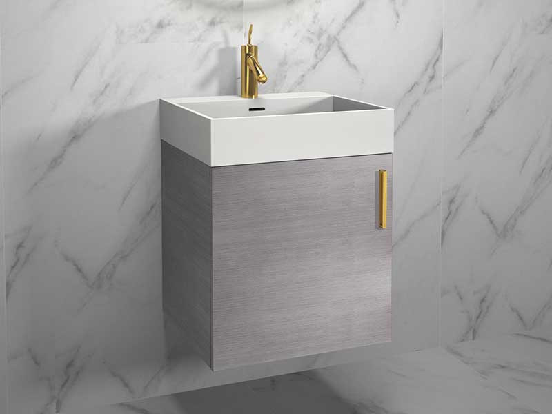 compact 20 inch vanity in Ash Grey with satin brass handle and lighted mirror