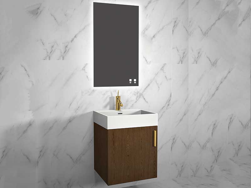 compact 20 inch vanity in Brandy finish with satin brass handle and lighted mirror