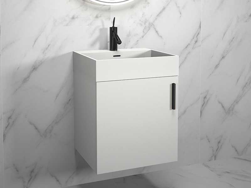 compact 20 inch vanity in Glossy White with satin brass handle and lighted mirror