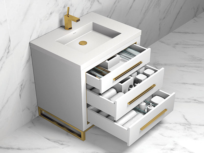 Estate Vanity in White with open drawers